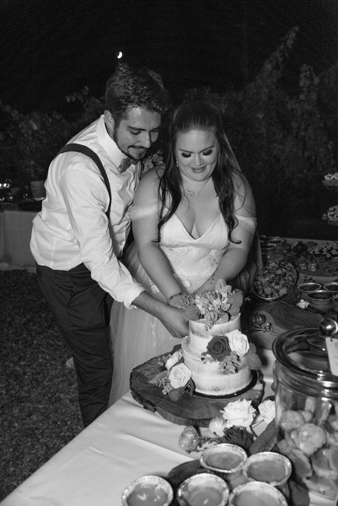 Sydney Jai Photography - Bride and groom wedding cake cutting, bride and groom kissing, rustic wedding cake, black and white bride and groom photos